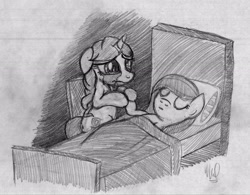 Size: 2820x2202 | Tagged: safe, artist:drawponies, derpibooru import, oc, oc only, oc:taralicious, earth pony, pony, unicorn, based on a true story, bed, crying, duo, dying, eyes closed, feels, female, filly, holding hooves, in bed, kiki, kiki havivy, mare, pencil drawing, ponysona, sad, tara strong, traditional art