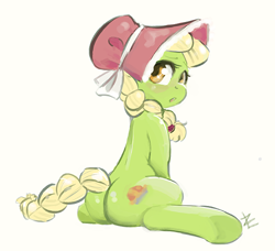 Size: 600x546 | Tagged: safe, artist:lizombie, derpibooru import, granny smith, earth pony, pony, adorasmith, cute, female, looking at you, looking back, looking back at you, mare, open mouth, plot, rear view, simple background, sitting, solo, white background, young granny smith, younger