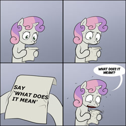 Size: 1280x1280 | Tagged: safe, derpibooru import, sweetie belle, pony, unicorn, bipedal, comic, dialogue, exploitable meme, female, filly, gradient background, hoof hold, horn, letter, meme, paper, solo, speech bubble, sweetie's note meme, two toned hair, two toned mane, white coat