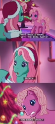 Size: 638x1434 | Tagged: safe, minty, pinkie pie (g3), a very minty christmas, g3, christmas tree, concerned, fireplace, funny, hat, lol, oh minty minty minty, pink, pinkie pie's house, santa claus, santa hat, subtitles, tree