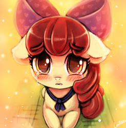 Size: 492x500 | Tagged: safe, artist:lumineko, apple bloom, earth pony, pony, adorabloom, blushing, crying, cute, filly, floppy ears, hnnng, looking at you, prone, sad, solo, woobie