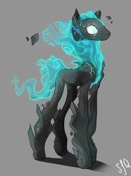 Size: 1024x1376 | Tagged: safe, artist:pon-ee, derpibooru import, oc, oc only, original species, elemental, fire, golem, gray background, magic, rock, simple background, smiling, solo, standing