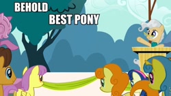 Size: 960x540 | Tagged: safe, derpibooru import, edit, edited screencap, screencap, caramel, carrot top, golden harvest, lemon hearts, mayor mare, parasol, the last roundup, behold, best pony, exploitable, forced meme, meme, template