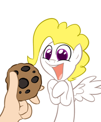 Size: 900x1082 | Tagged: safe, artist:willdrawforfood1, derpibooru import, surprise, human, g1, adoraprise, ask surprise, cookie, cute, eyes on the prize, g1 to g4, generation leap, hand, happy, open mouth, simple background, smiling, spread wings, white background