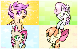 Size: 812x512 | Tagged: safe, artist:flarities, derpibooru import, apple bloom, babs seed, scootaloo, sweetie belle, cute, cutie mark crusaders