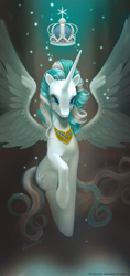 Size: 469x990 | Tagged: safe, artist:hinoraito, derpibooru import, oc, oc only, oc:snowdrop, alicorn, pony, alicorn oc, beautiful, crown, glow, princess snowdrop, regalia