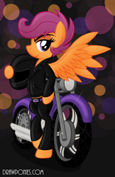 Size: 3300x5100 | Tagged: safe, artist:drawponies, derpibooru import, scootaloo, pony, bipedal, clothes, helmet, motorcycle, older, solo