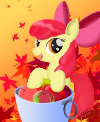 Size: 1518x1842 | Tagged: safe, artist:bludraconoid, derpibooru import, apple bloom, earth pony, pony, apple, bucket, female, filly, food, leaf, maple leaf, solo