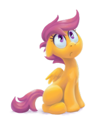 Size: 1000x1237 | Tagged: safe, artist:kaermter, derpibooru import, scootaloo, pegasus, pony, blank flank, female, filly, floppy ears, foal, hooves, lineless, simple background, sitting, solo, spread wings, transparent background, wings