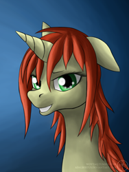 Size: 750x1000 | Tagged: safe, artist:adalbertus, derpibooru import, oc, oc only, oc:amber drop, pony, unicorn, bust, floppy ears, grin, looking at you, portrait, smiling, solo