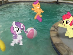 Size: 2048x1536 | Tagged: safe, artist:tokkazutara1164, derpibooru import, apple bloom, scootaloo, sweetie belle, cutie mark crusaders, irl, photo, ponies in real life, swimming, swimming pool, wet mane