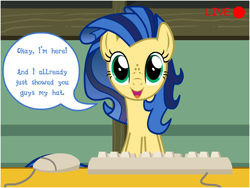 Size: 800x600 | Tagged: safe, oc, oc only, oc:milky way, pony, camera, camera shot, computer mouse, dialogue, female, keyboard, mare, solo, speech bubble