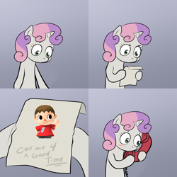 Size: 2000x2000 | Tagged: safe, derpibooru import, sweetie belle, pony, unicorn, animal crossing, bipedal, call me for a good time, crossover, exploitable meme, female, filly, gradient background, hoof hold, horn, letter, meme, paper, solo, super smash bros., super smash bros. 4, sweetie's note meme, two toned hair, villager, white coat