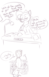 Size: 1229x1920 | Tagged: safe, artist:nobody, mayor mare, alcohol, booze, comic, desk, dialogue, monochrome, sketch