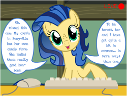 Size: 800x600 | Tagged: safe, oc, oc only, oc:milky way, pony, camera, camera shot, computer mouse, dialogue, female, keyboard, mare, solo, speech bubble