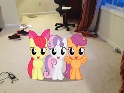 Size: 3264x2448 | Tagged: safe, artist:boltblazer, derpibooru import, apple bloom, scootaloo, sweetie belle, battery, chair, clothes, curtains, cutie mark crusaders, irl, photo, ponies in real life, room, shoes, vector