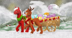 Size: 3000x1587 | Tagged: safe, artist:owlvortex, deer, reindeer, cart, cutie mark, harness, implied mane six, mare in the moon, moon, present, santa claus, tack