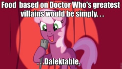 Size: 960x540 | Tagged: safe, cheerilee, earth pony, pony, cheerilee pun, crossover, curtain, dalek, doctor who, exploitable meme, female, green eyes, mare, meme, microphone, open mouth, pun, smiling, solo, spotlight, text, two toned mane, two toned tail