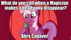 Size: 960x540 | Tagged: safe, cheerilee, earth pony, pony, cheerilee pun, curtain, exploitable meme, female, green eyes, mare, meme, microphone, open mouth, pun, smiling, solo, spotlight, text, two toned mane, two toned tail