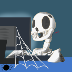 Size: 900x900 | Tagged: safe, artist:glasdale, soarin', spider, computer, dead, skeleton, soarin-responde