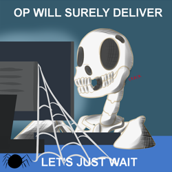 Size: 900x900 | Tagged: safe, artist:glasdale, spider, computer, dead, op, reaction image, skeleton, spider web, text, waiting for op, waiting for op to deliver