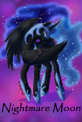 Size: 600x900 | Tagged: safe, artist:zombiferret, derpibooru import, nightmare moon, alicorn, black coat, female, horn, mare, simple background, solo