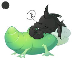 Size: 1630x1350 | Tagged: safe, artist:equestria-prevails, derpibooru import, changeling, bed, cocoon, cute, cuteling, doomie, eyes closed, male, nose wrinkle, on back, simple background, sleeping, smiling, solo, transparent background, vector, wavy mouth, z