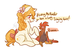 Size: 800x537 | Tagged: safe, artist:clovercoin, derpibooru import, oc, oc only, oc:florentine, chicken, bow, dialogue, flower