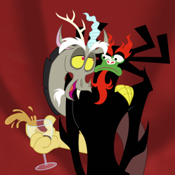 Size: 1290x1297 | Tagged: safe, artist:icelion87, derpibooru import, discord, aku, chocolate milk, crossover, new otp, samurai jack