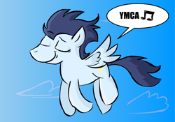 Size: 1000x700 | Tagged: safe, artist:benja, derpibooru import, soarin', flying, music notes, singing, solo, speech bubble, ymca