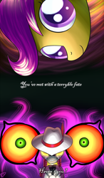 Size: 700x1200 | Tagged: safe, artist:paradigmpizza, derpibooru import, scootaloo, zecora, zebra, creepy, hat, king zebra, terry, the legend of zelda, the legend of zelda: majora's mask