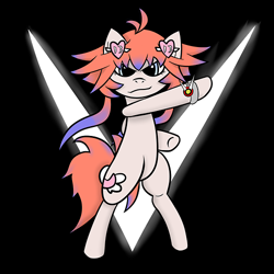 Size: 500x500 | Tagged: safe, artist:phantom_shroud, derpibooru import, oc, oc only, oc:unie, pony, ahoge, bipedal, black background, bracelet, jewelry, looking at you, simple background, solo, transformation, v (viewtiful joe), viewtiful joe