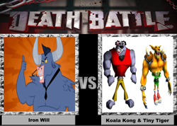 Size: 900x642 | Tagged: safe, derpibooru import, edit, edited screencap, screencap, iron will, crash bandicoot, crash bandicoot 2, crash bandicoot 3, crash bash, death battle, koala kong, tiny tiger