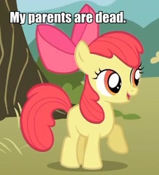 Size: 465x513 | Tagged: safe, derpibooru import, apple bloom, image macro, my parents are dead, solo