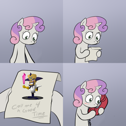 Size: 600x600 | Tagged: safe, derpibooru import, sweetie belle, pony, unicorn, bipedal, blushing, call me for a good time, comic, crash bandicoot, crystal, doctor neo cortex, exploitable meme, female, filly, gradient background, hoof hold, horn, letter, meme, paper, phone, solo, sweetie's note meme, two toned hair, white coat