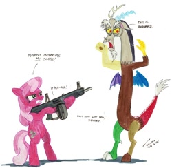 Size: 800x780 | Tagged: safe, artist:buckweiser, derpibooru import, cheerilee, discord, pony, aa12, bipedal, disproportionate retribution, gun, shotgun, traditional art, weapon