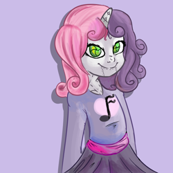 Size: 1000x1000 | Tagged: safe, artist:xylobell, sweetie belle, sweetie bot, human, robot, android, cute, female, gynoid, horned humanization, humanized, simple background, smiling