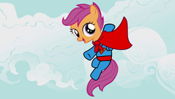 Size: 1920x1080 | Tagged: artist needed, safe, artist:ahumeniy, derpibooru import, scootaloo, clothes, cloud, cloudy, costume, flying, solo, superman