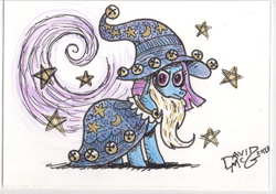 Size: 541x381 | Tagged: safe, artist:coyotecoyote, derpibooru import, star swirl the bearded, beard, cloak, clothes, hat, solo, stars, traditional art