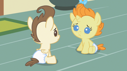 Size: 1280x720 | Tagged: safe, screencap, pound cake, pumpkin cake, baby cakes, babies, baby ponies, cake twins, cute, diaper, diapered, diapered colt, diapered filly, diapered foals, duo, female, filly, looking at each other, one month old colt, one month old filly, one month old foals, sad, siblings, twins, white diapers