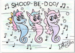 Size: 541x381 | Tagged: safe, artist:coyotecoyote, derpibooru import, sea pony, music notes, shoo be doo, text, traditional art, underwater