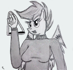 Size: 1500x1441 | Tagged: safe, artist:codeluxor, derpibooru import, scootaloo, anthro, clothes, goggles, monochrome, older, solo, stalkerloo, sweater, turtleneck