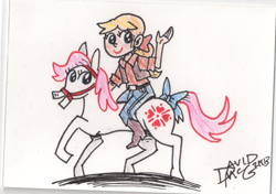 Size: 541x381 | Tagged: safe, artist:coyotecoyote, derpibooru import, megan williams, sundance, g1, riding, traditional art