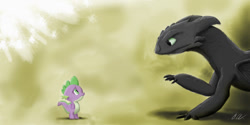 Size: 1024x512 | Tagged: safe, artist:dashketch, derpibooru import, spike, dragon, crossover, how to train your dragon, night fury, toothless the dragon