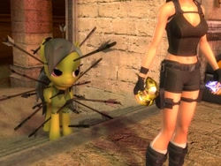 Size: 1024x768 | Tagged: safe, artist:pika-robo, daring do, human, pegasus, pony, 3d, angry, architecture, arrow, arrow in the everything, arrow in the knee, boots, cameo, cartoon injury, clothes, crossover, diamond, female, folded wings, gem, gmod, gold, gun, holster, human female, indoors, jewel, lara croft, mare, missing accessory, ouch, shirt, shoes, shorts, shy guy, stairs, statue, super mario bros., t pose, tanktop, tomb raider, treasure, unamused, when you see it, wings