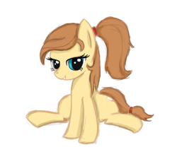 Size: 1003x861 | Tagged: safe, derpibooru import, oc, oc only, oc:cream heart, earth pony, pony, button's adventures, cute, female, filly, hooves, mare, ponytail, simple background, sitting, solo, teeth, white background