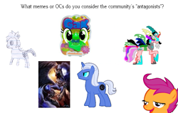 Size: 955x606 | Tagged: safe, derpibooru import, nightmare moon, scootaloo, oc, oc:sketchy the notebook pony, oc:spell nexus, antagonist, chickun, discussion, evil, exploitable meme, gak, lined paper, meme, nightmare dupe, question, text, tiara ultima