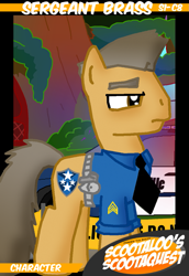 Size: 759x1101 | Tagged: safe, artist:ajmstudios, derpibooru import, oc, oc only, oc:sergeant brass, collector cards, ponyville police, scootaloo's scootaquest cards, sergeant brass, solo, trading card