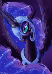 Size: 634x900 | Tagged: safe, artist:mayocat, derpibooru import, nightmare moon, alicorn, black coat, female, horn, mare, simple background, solo