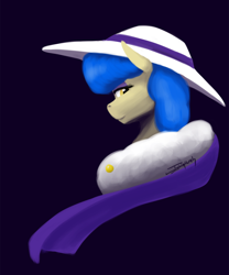 Size: 1000x1200 | Tagged: safe, artist:jykinturah, sapphire shores, earth pony, pony, blue background, bust, clothes, eyeshadow, female, hat, lidded eyes, looking back, makeup, mare, painting, simple background, solo